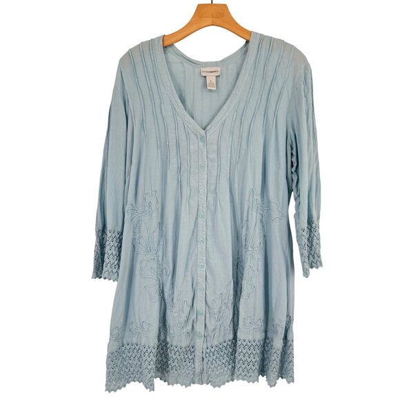Soft Surroundings Light Blue Embroidered Tunic Top Size Large cotton womens - Picture 2 of 10